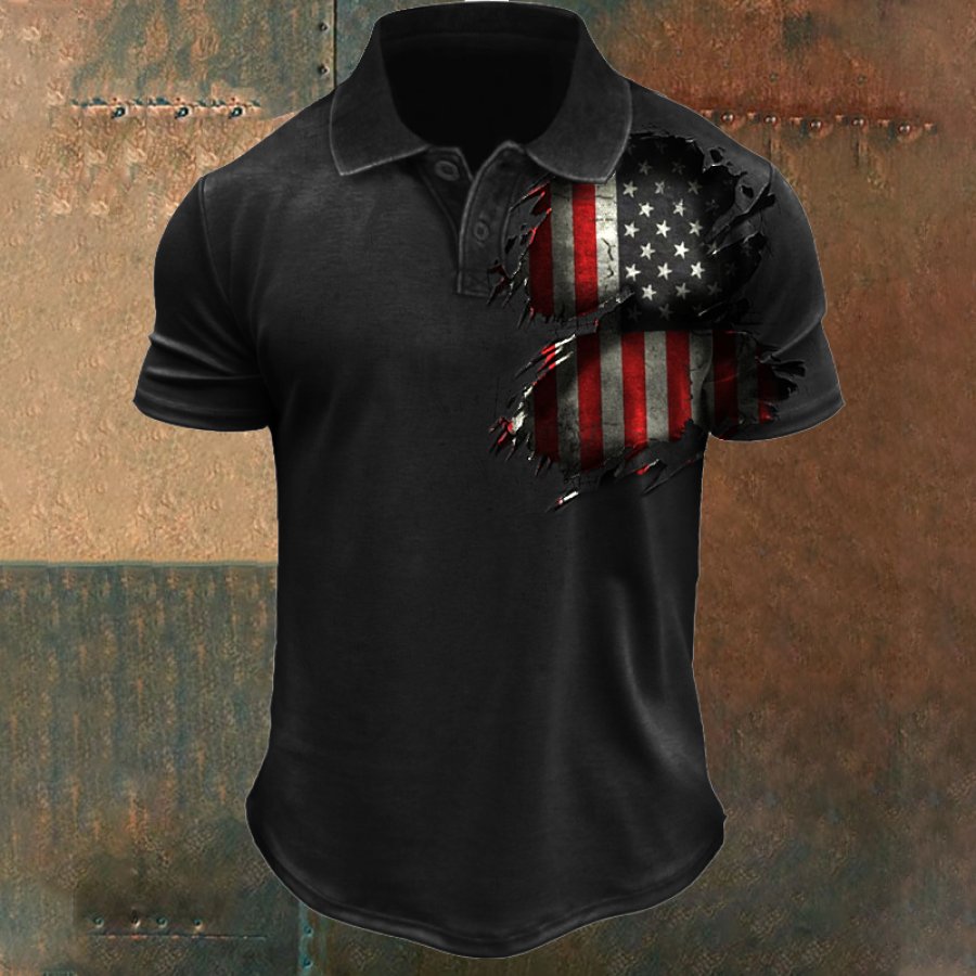 

Мужская винтажная футболка с воротником-поло и трещинами на стене с американским флагом