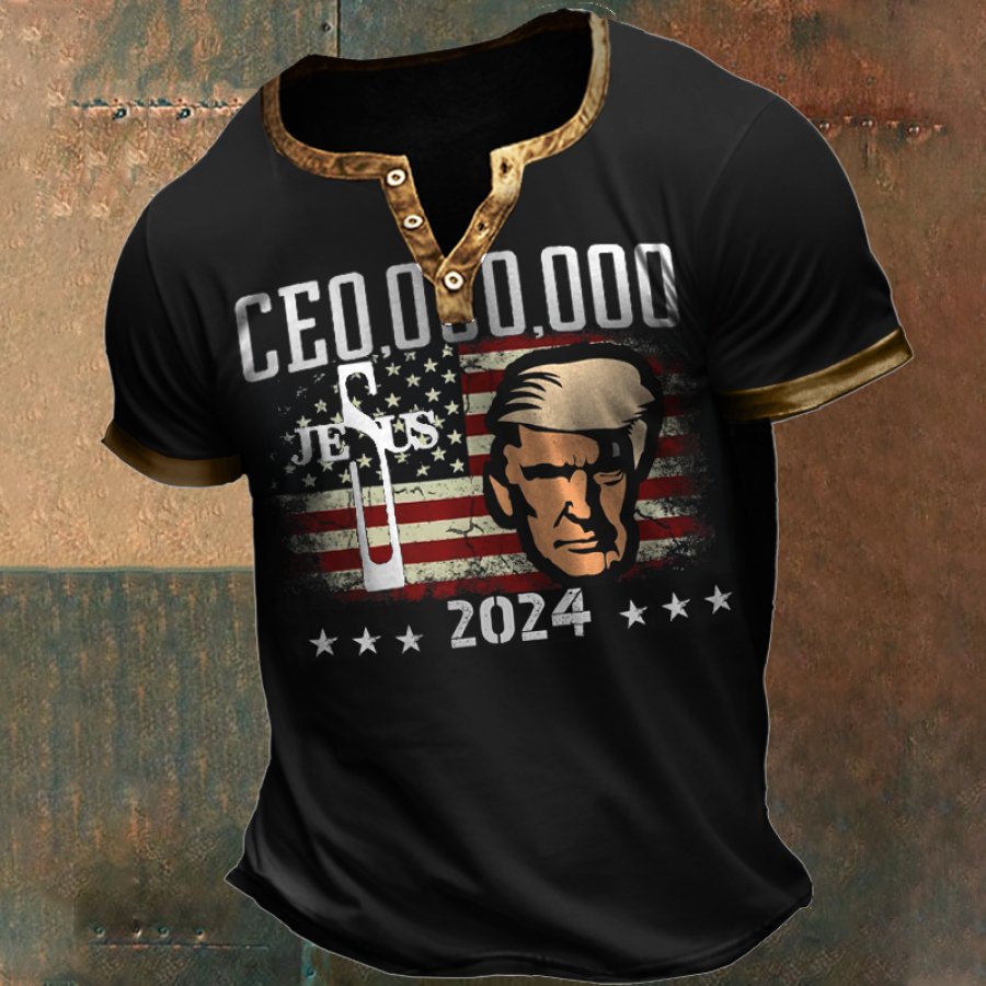 

Der Präsident Der CEO Der CEO 2024 Vintage-T-Shirt Mit Henley-Kragen Und Jesus-Ostern-Flagge Für Herren