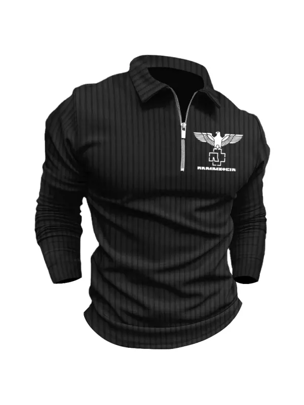 Men's Rammstein Polo Zip Shirt Stripe Long Sleeve Lapel T-Shirt Casual Fit Tops - Ootdmw.com 