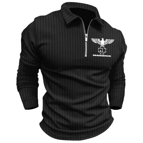 Men's Rammstein Polo Zip Shirt Stripe Long Sleeve Lapel T-Shirt Casual Fit Tops - Cotosen.com 