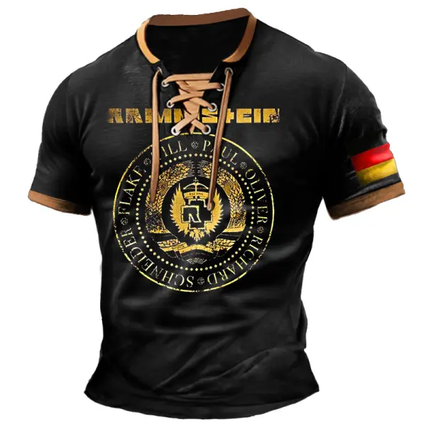 Men's T-Shirt Rammstein Rock Band German Flag Vintage Lace-Up Short Sleeve Color Block Summer Daily Tops - Cotosen.com