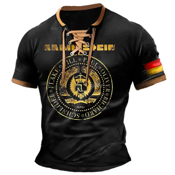 Men's T-Shirt Rammstein Rock Band German Flag Vintage Lace-Up Short Sleeve Color Block Summer Daily Tops - Ootdyouth.com 