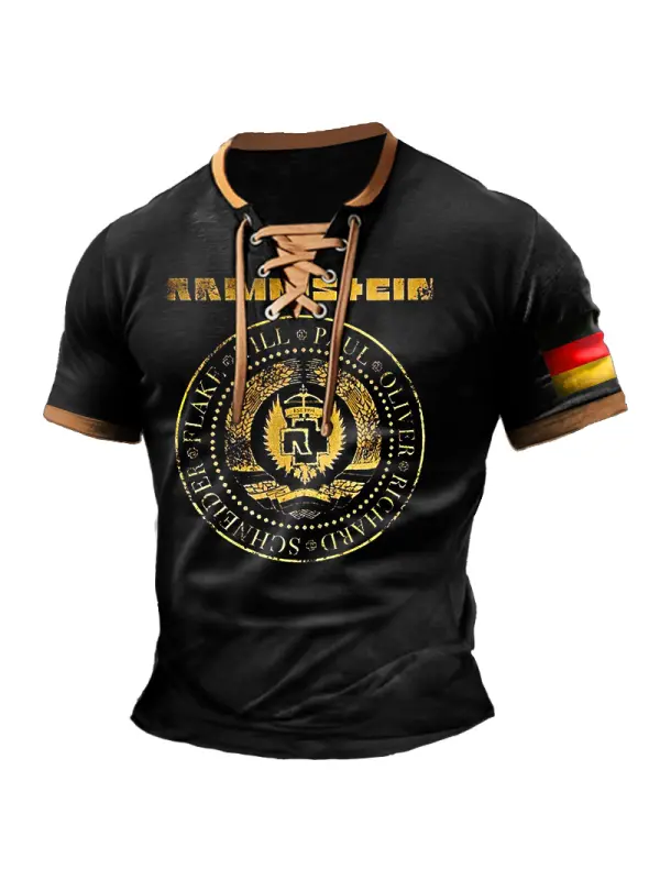 Men's T-Shirt Rammstein Rock Band German Flag Vintage Lace-Up Short Sleeve Color Block Summer Daily Tops - Anrider.com 