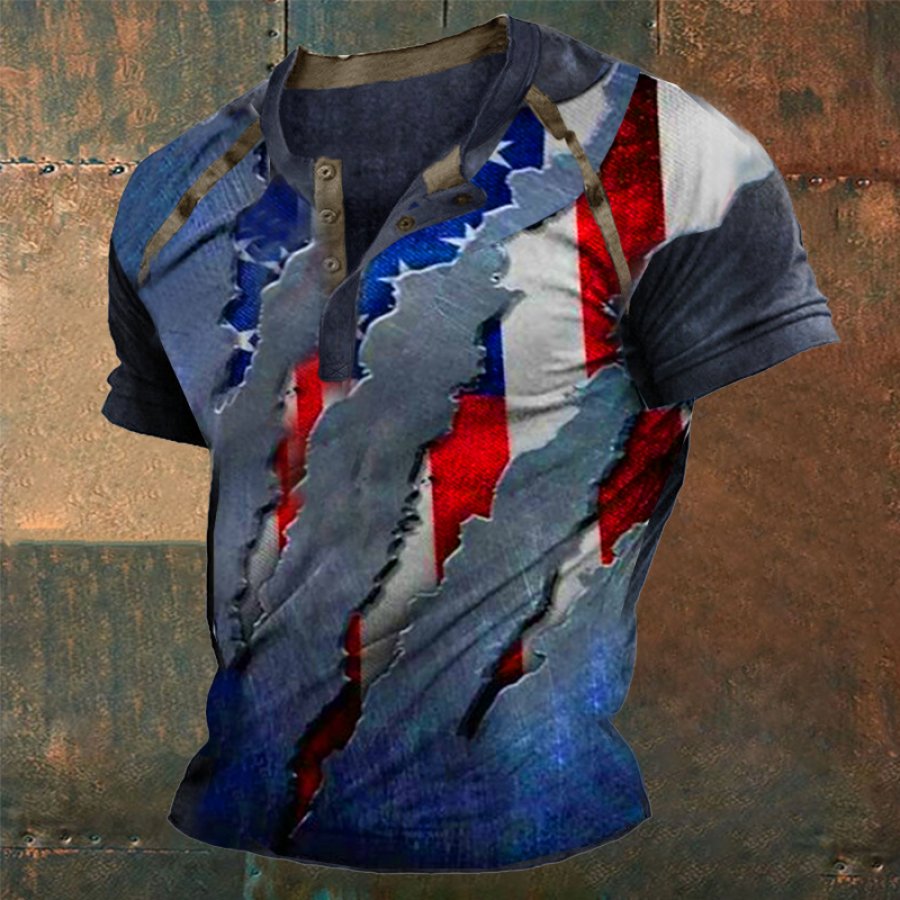 

Men's Vintage RIPS American Flag Henley Short Sleeve T-Shirt