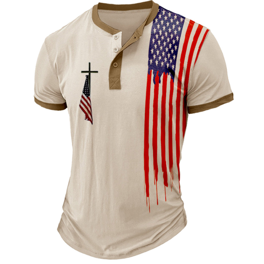 

Men's Flag Independence Vintage Print Outdoor Henry Contrast T-shirt