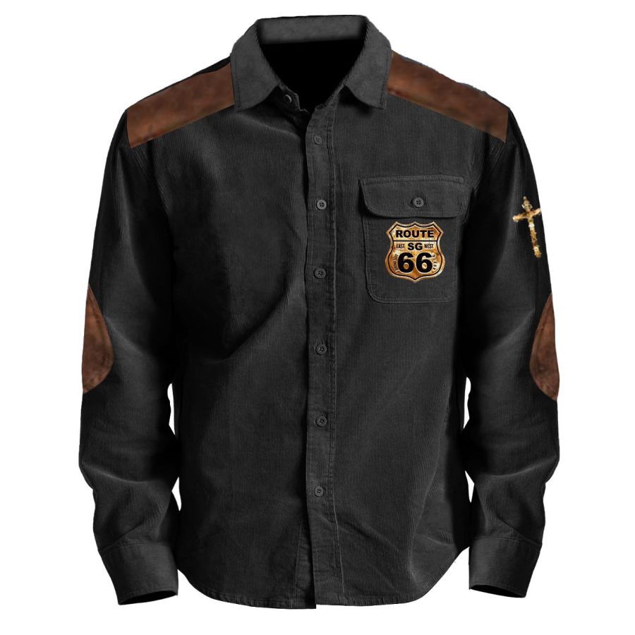 

Men's Corduroy Route 66 Road Trip Cross Vintage Outdoor Pocket Color Block Shirt Jacket