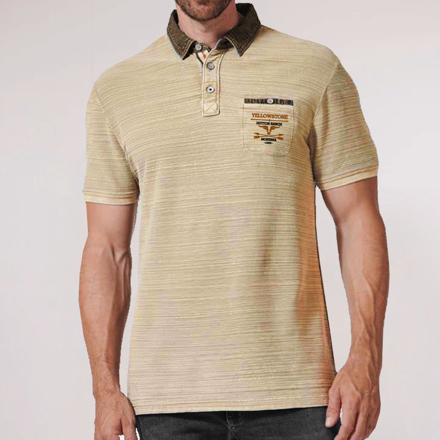 

Herren-Poloshirt „Yellowstone“ Aus Bedrucktem Denim Mit Patchwork-Muster Und Kurzen Ärmeln