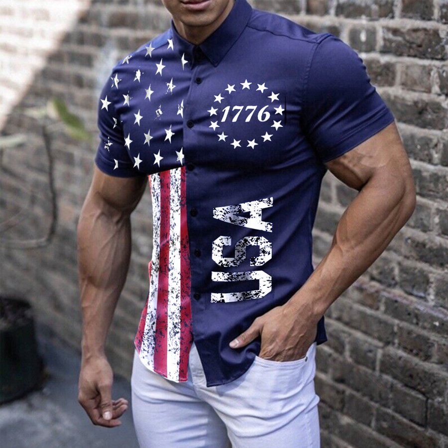 

Kurzärmeliges Button-Up-Hemd Mit Amerikanischer Vintage-Flagge Für Herren