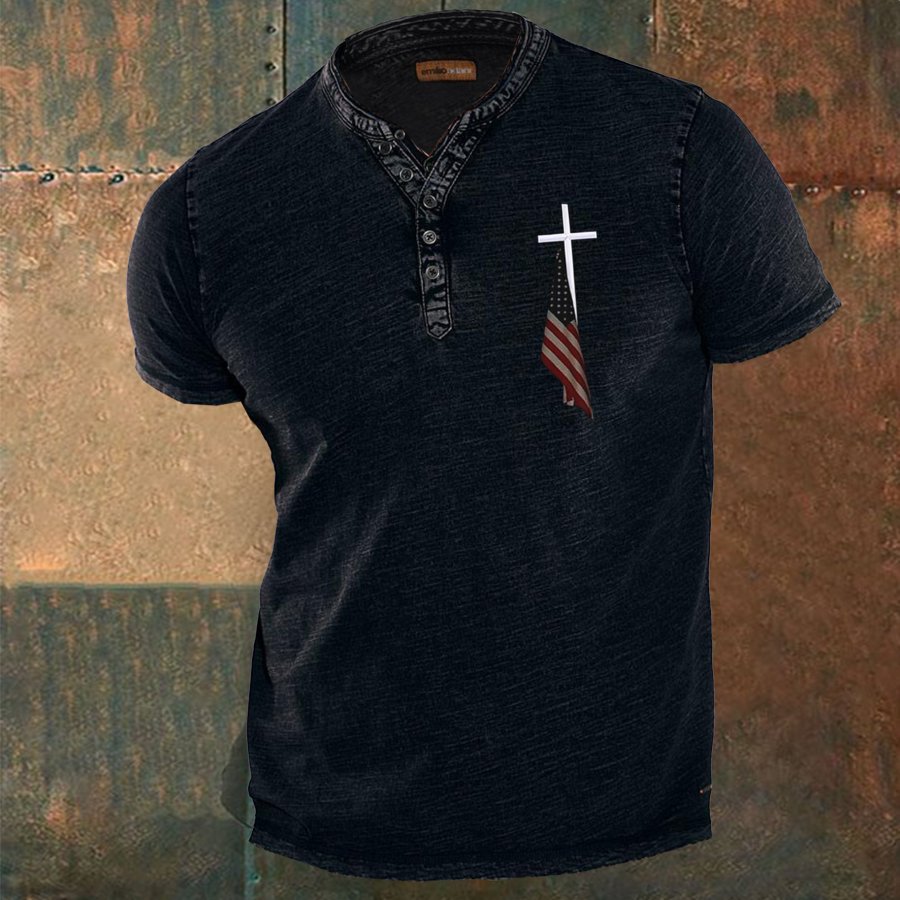 

Мужская винтажная рубашка с коротким рукавом и пуговицами с крестом и принтом американского флага