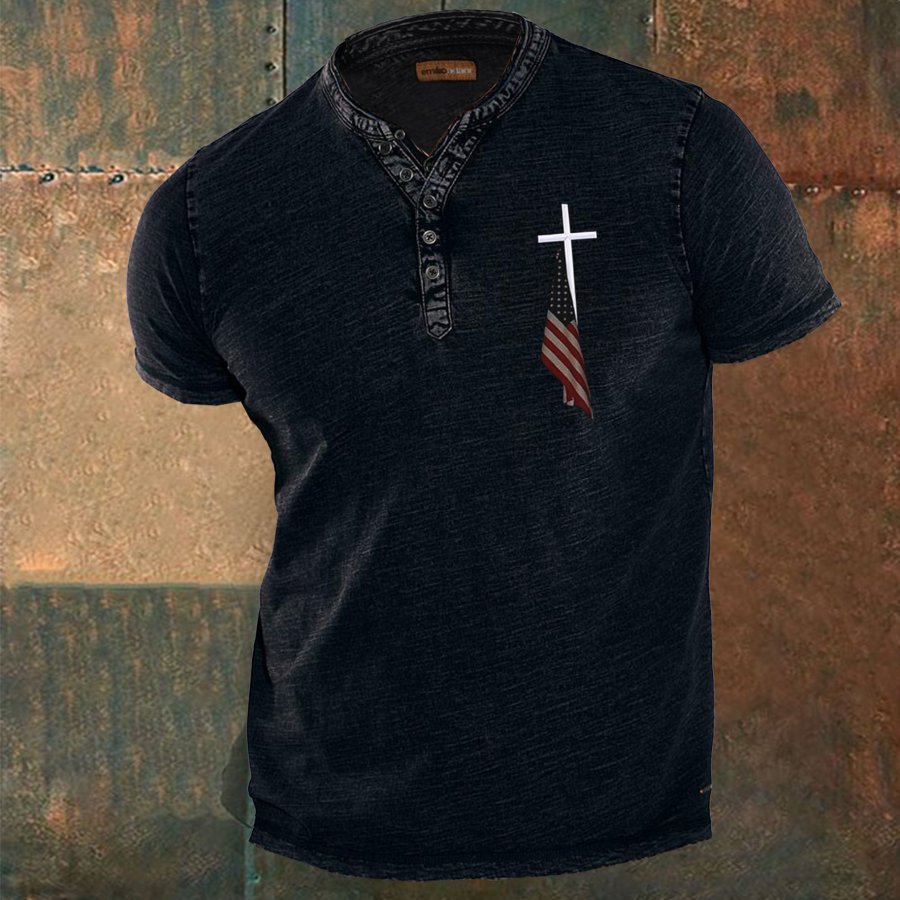 

Men's Vintage American Flag Cross Printed Button-up Short Sleeve Shirt