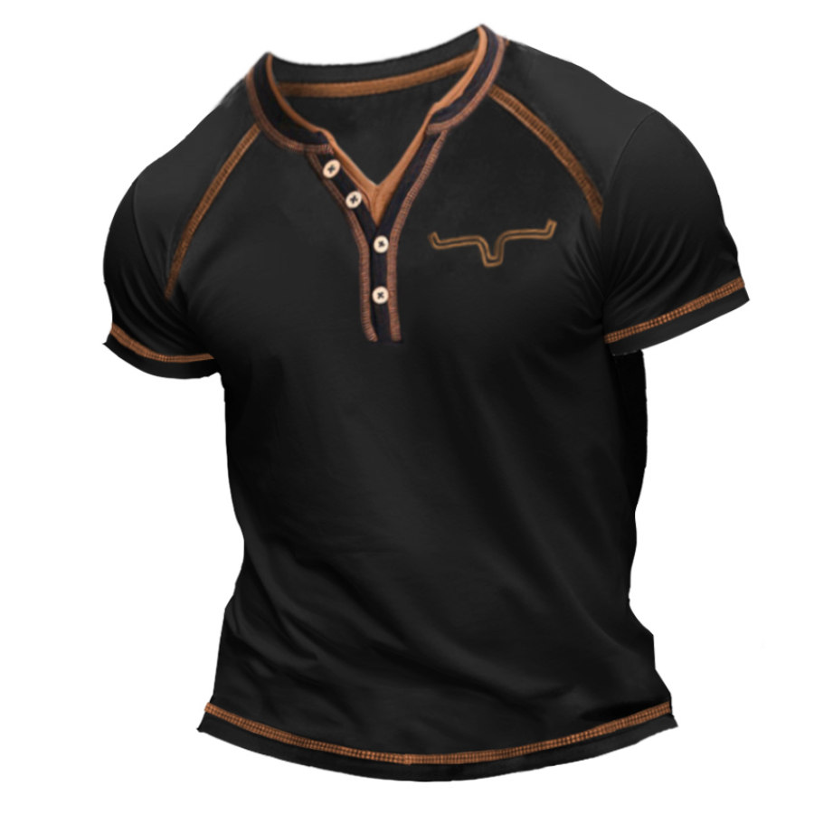 

Henley Western Cowboy T-Shirt à Manches Courtes Pour Hommes Vintage Colorblock Été Quotidien Hauts