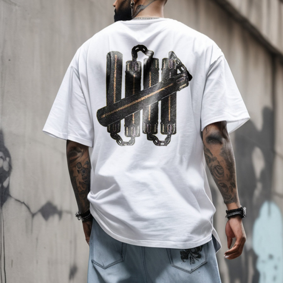 

Herren-T-Shirt Mit übergroßem Double-Cut-Stick-Vintage-Street-Print