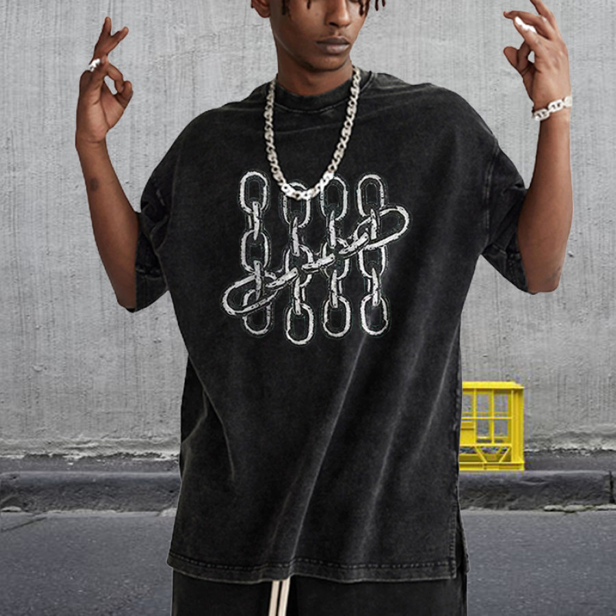 

Men's Oversize Chain Buckle Vintage Street Print T-shirt