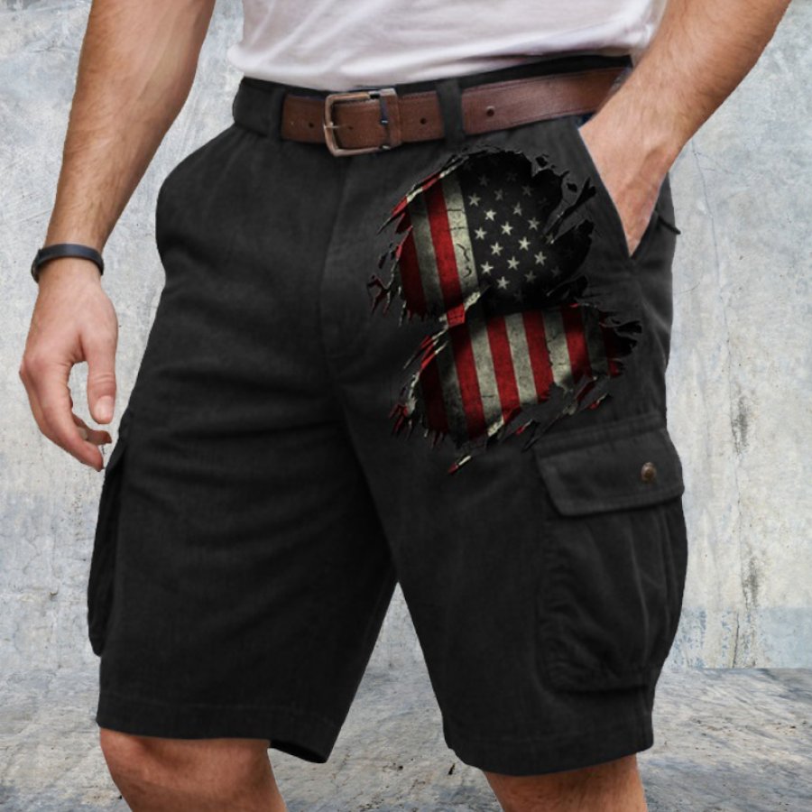 

Pantalones Cortos Tipo Cargo Con Bandera Americana Agrietada Y Pared Vintage Para Hombre