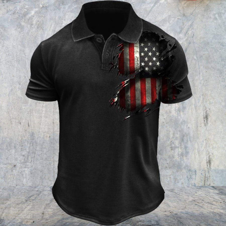 

Herren-T-Shirt Mit Vintage-Polokragen Und Rissiger Amerikanischer Flagge