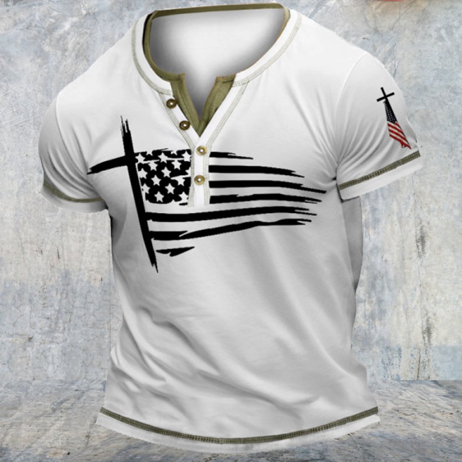 

T-Shirt Homme Drapeau Américain Croix Patriotique Vintage Poche Henley Color Block Manches Courtes Eté Quotidien Hauts