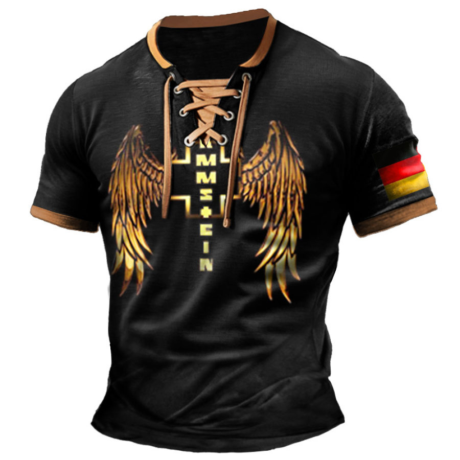 

Men's T-Shirt Rammstein Rock Band Wings German Flag Vintage Lace-Up Short Sleeve Color Block Summer Daily Tops