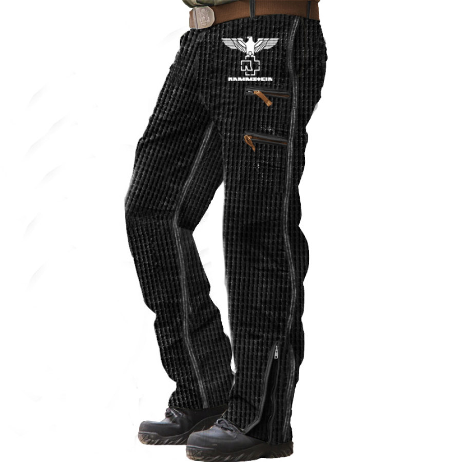 

Herren Vintage Rammstein Rock Band Waffelstrick Outdoor Multi-Reißverschlusstasche Taktische Freizeithose