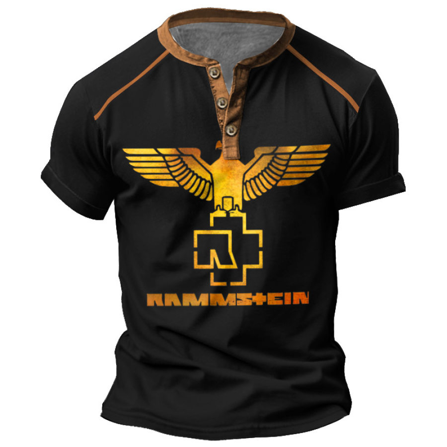 

Vintage Rammstein Rock Band Henley-Kurzarm-T-Shirt Mit Farbblockdruck Für Herren