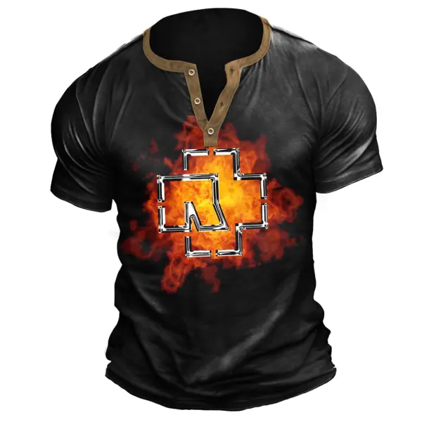 Men's Vintage Rammstein Rock Band Color Block Print Henley Short Sleeve T-Shirt - Cotosen.com