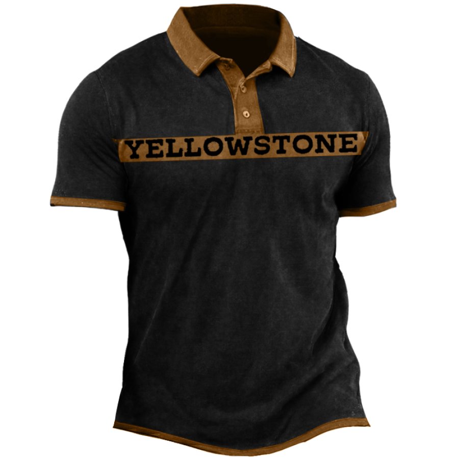 

Farbblock-Poloshirt mit Retro-Yellowstone-Print für Herren