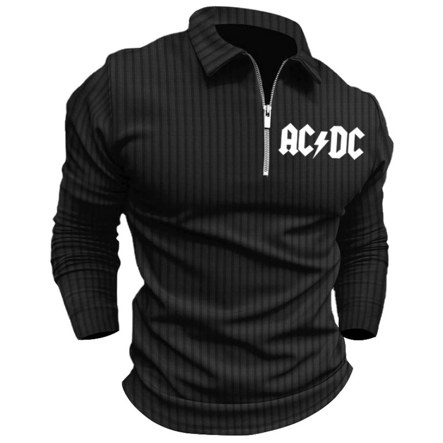 

Men's ACDC Rock Band Stripe Print Polo Zip Shirt Long Sleeve Lapel T-Shirt Casual Fit Tops