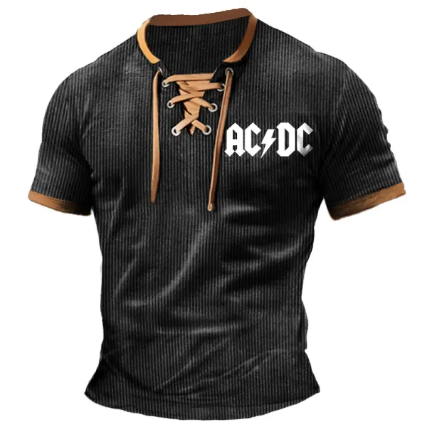 Men's T-Shirt ACDC Rock Band Ribbed Lightweight Corduroy Vintage Lace-Up Short Sleeve Color Block Summer Daily Tops - Cotosen.com 