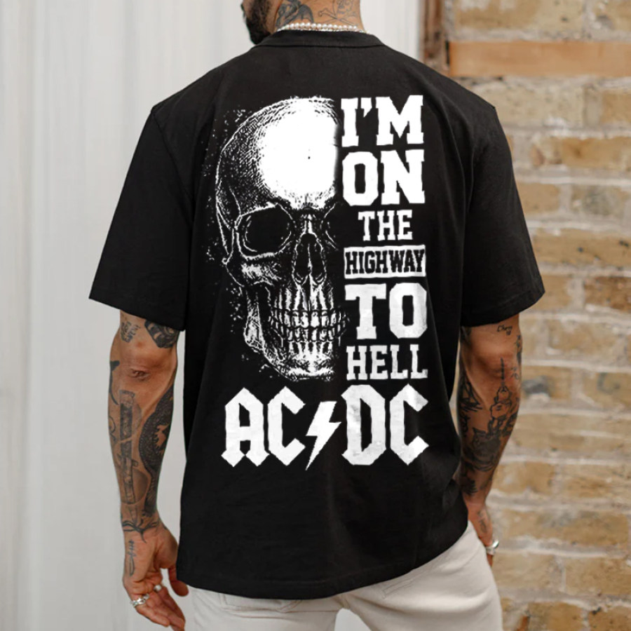 

Men's Oversize Acdc Rock Skull Head Vintage Print T-shirt