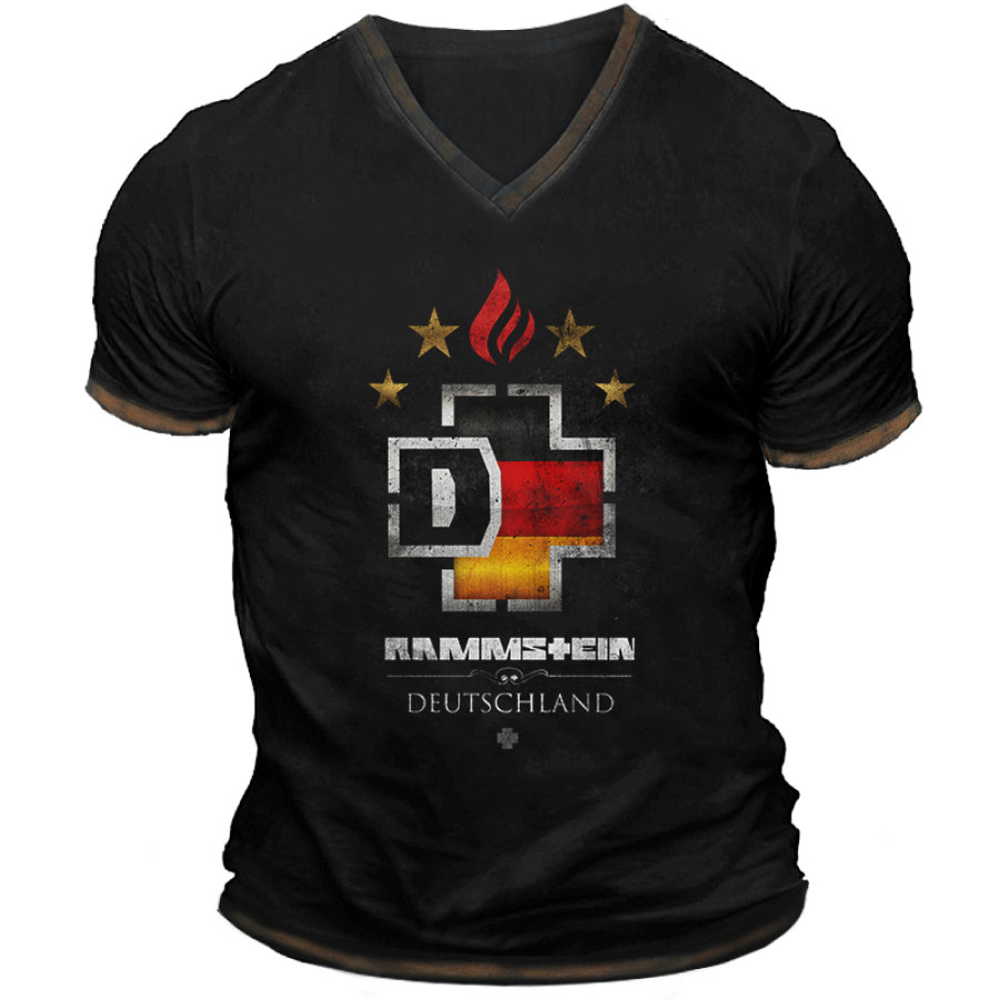 

T-shirt à Col En V Contrasté Vintage Avec Drapeau Allemand Rammstein Pour Hommes