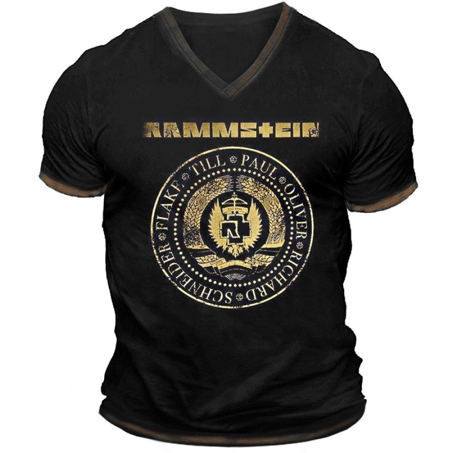 

T-shirt à Col En V Contrasté Vintage Rouille Pour Hommes Avec Badge De Bande Rammstein