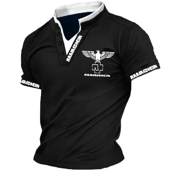 Men's Rammstein Contrast Cuff Letter Print Stand Collar T-shirt