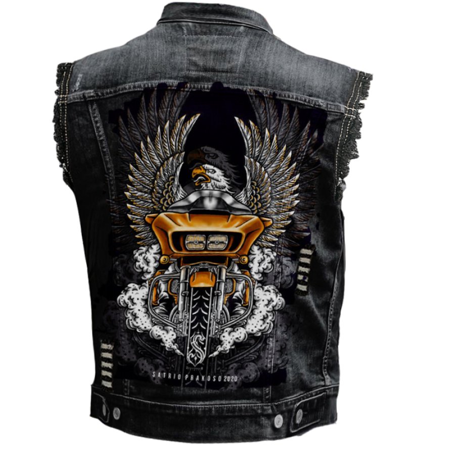 

Мужской винтажный рваный джинсовый жилет в стиле рок-панк Eagle с мотоциклетным принтом