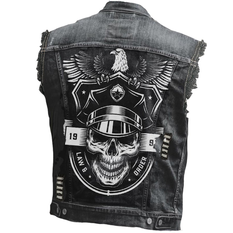 

Men's Vintage Rock Punk Skull Eagle Print Washed Distressed Ripped Denim Vest Jacket