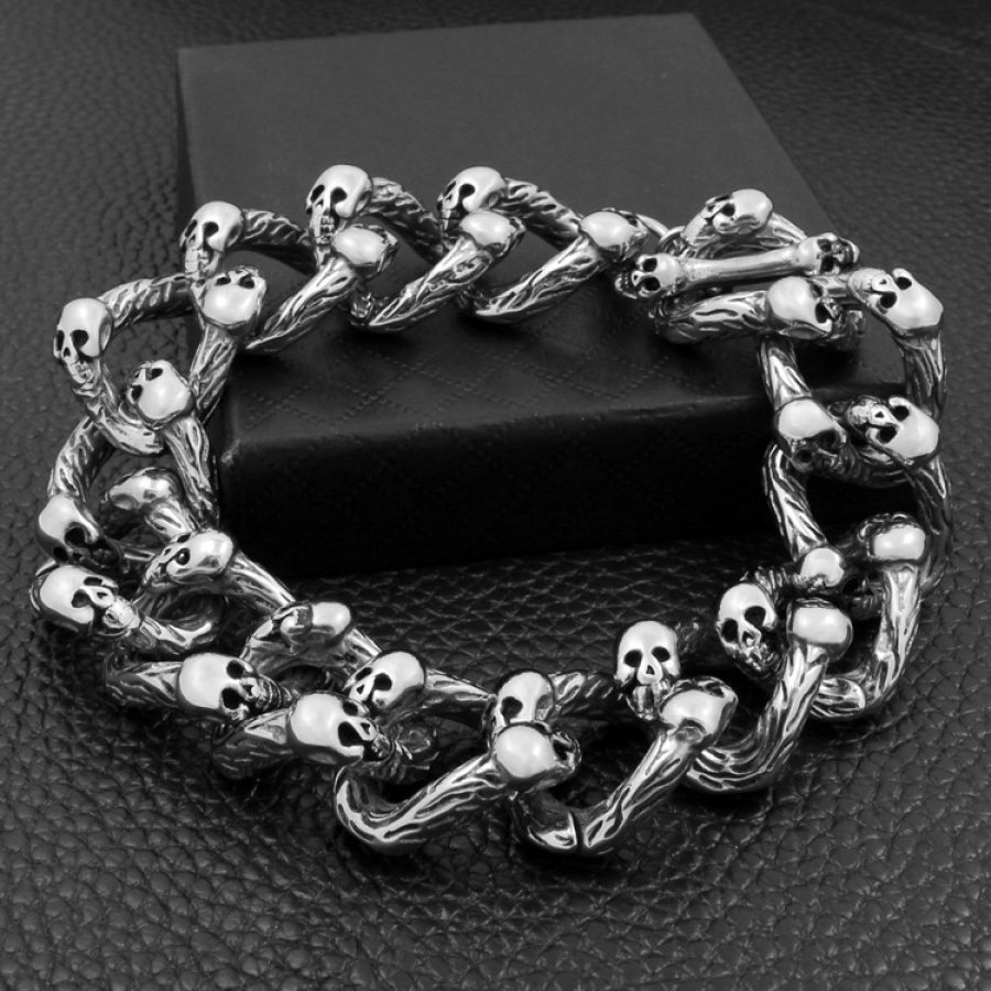 

Punk Rock Hip Hop Zweireihiges Totenkopf-Kettenarmband Aus Galvanisierter Legierung