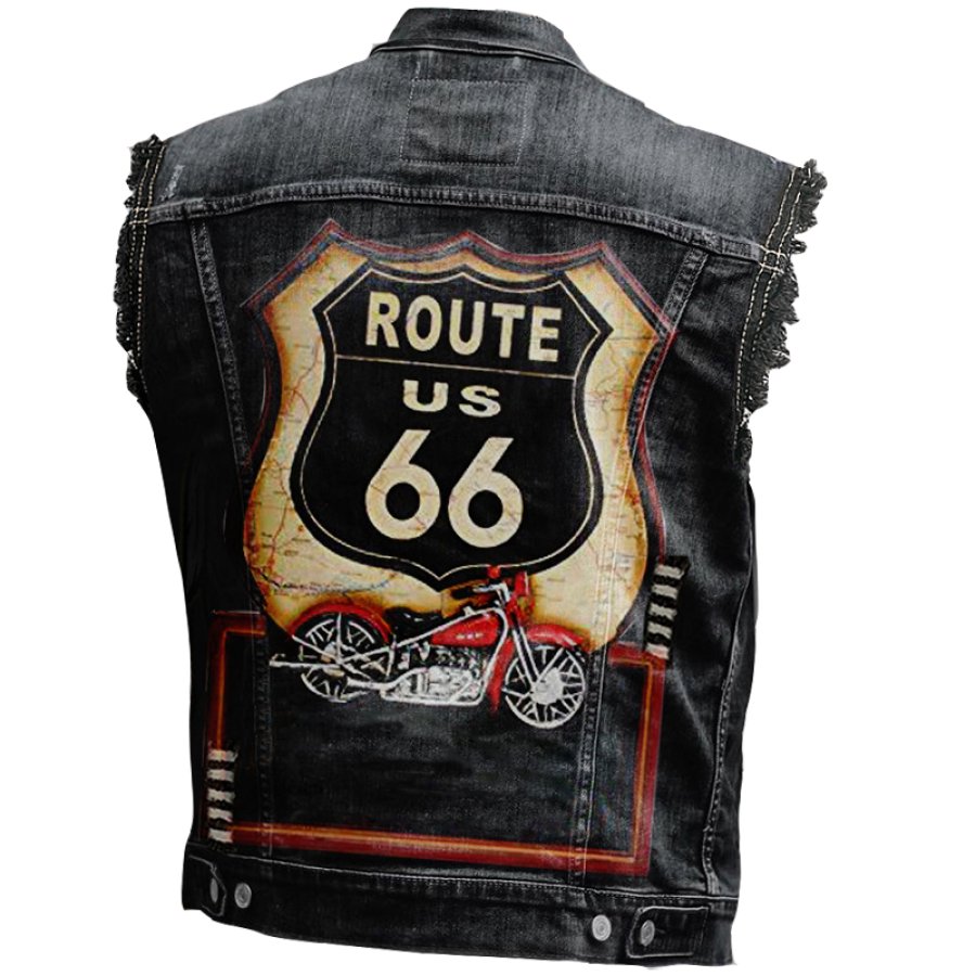 

Men's Vintage Rock Punk Route 66 Motorcycle Print Washed Distressed Ripped Denim Vest