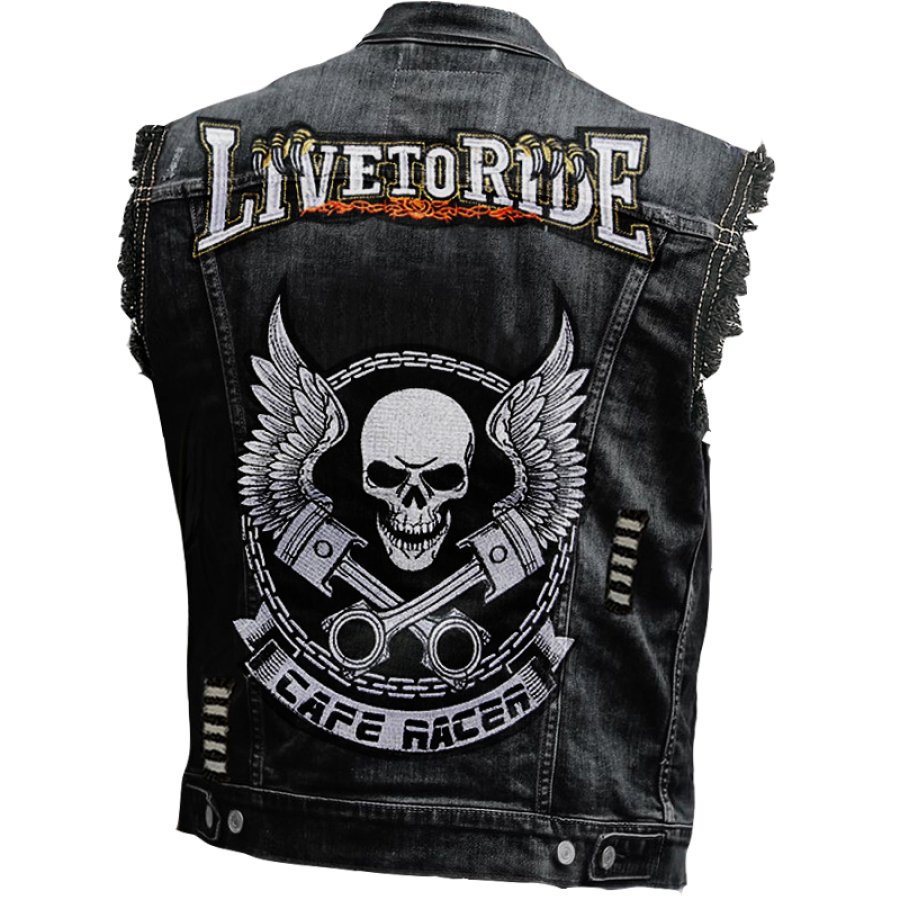 

Men's Vintage Rock Punk Skull Print Washed Distressed Ripped Denim Vest Jacket
