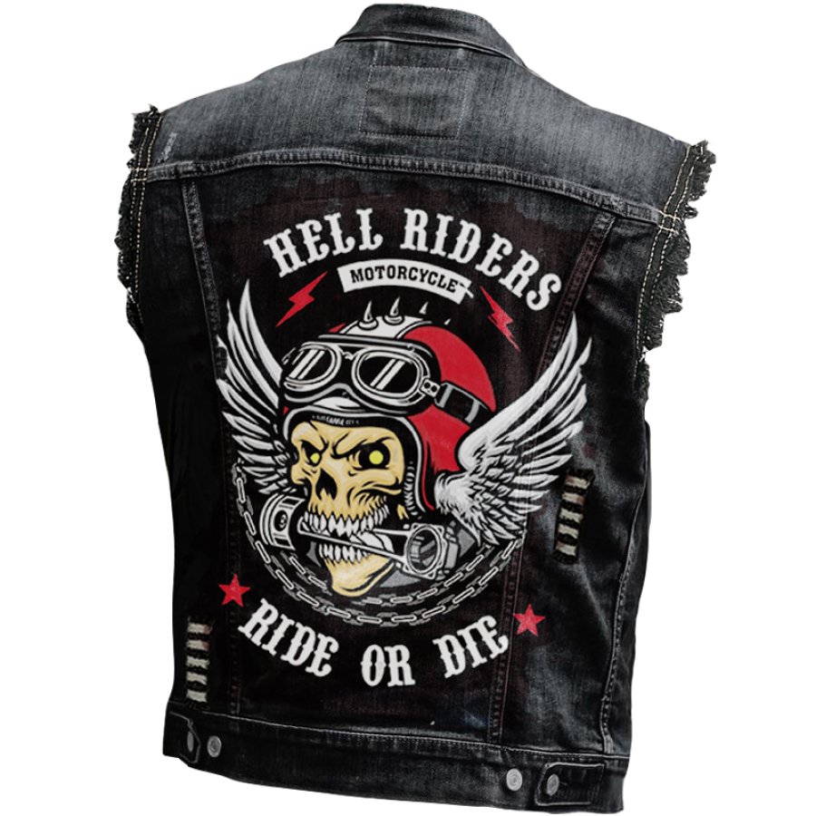 

Men's Vintage Rock Punk Skull Wings Print Washed Distressed Ripped Denim Vest Jacket