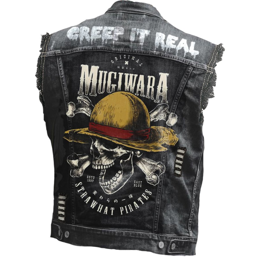 

Men's Vintage Rock Punk Skull One Piece Print Washed Distressed Ripped Denim Vest Jacket