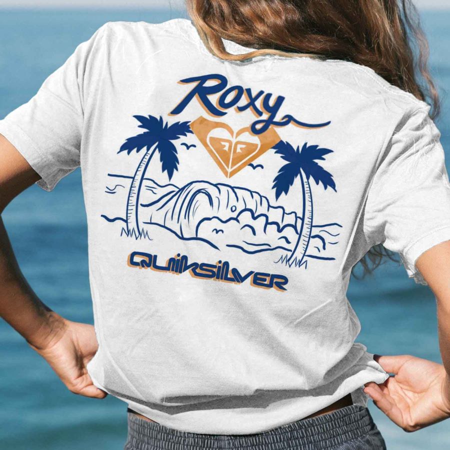 

T-shirt Décontracté à Manches Courtes Pour Femmes Roxy Palm Tree Surf Print Casual Beach Vacation