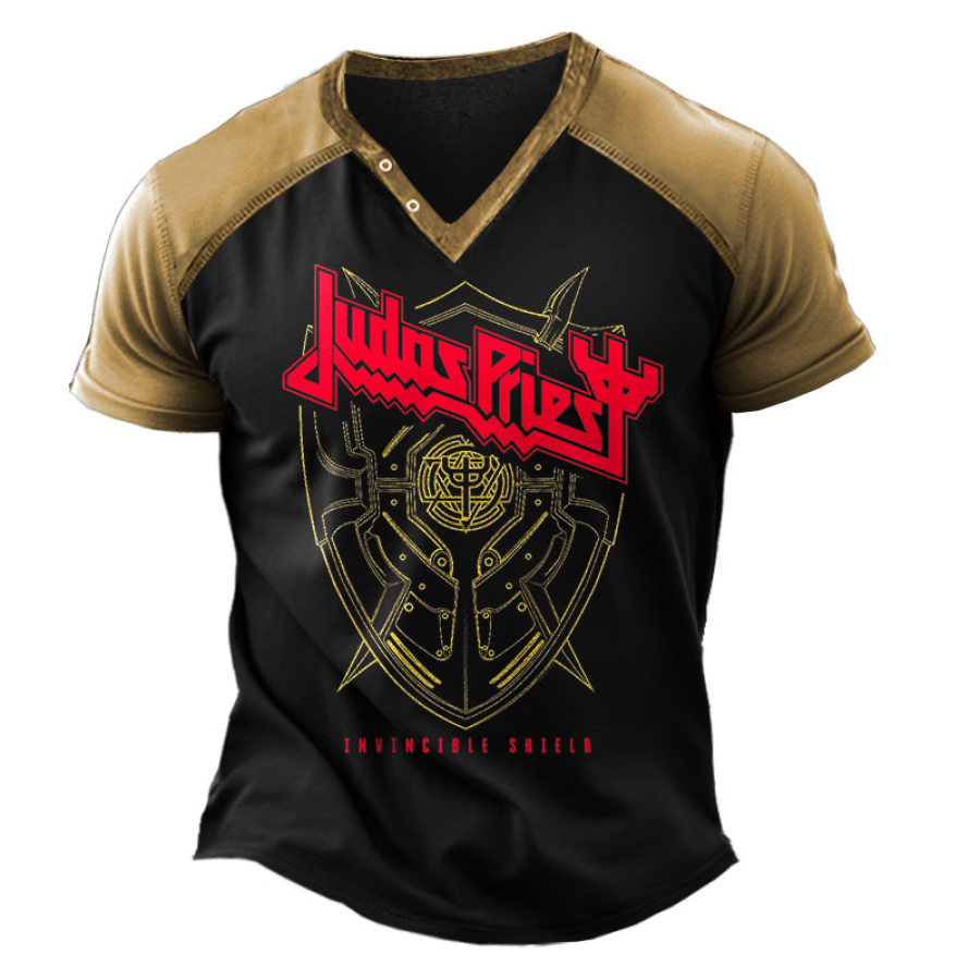 

Herren-T-Shirt Mit Vintage-Aufdruck „Judas Priest Rock Band“ Und V-Ausschnitt Henley-Kontrast