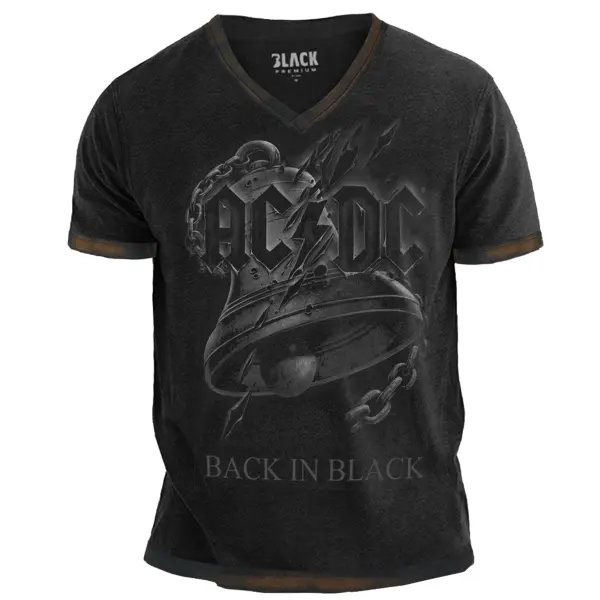Men's Vintage Hells Bells ACDC Devil Skull Print Small V-neck T-Shirt - Cotosen.com