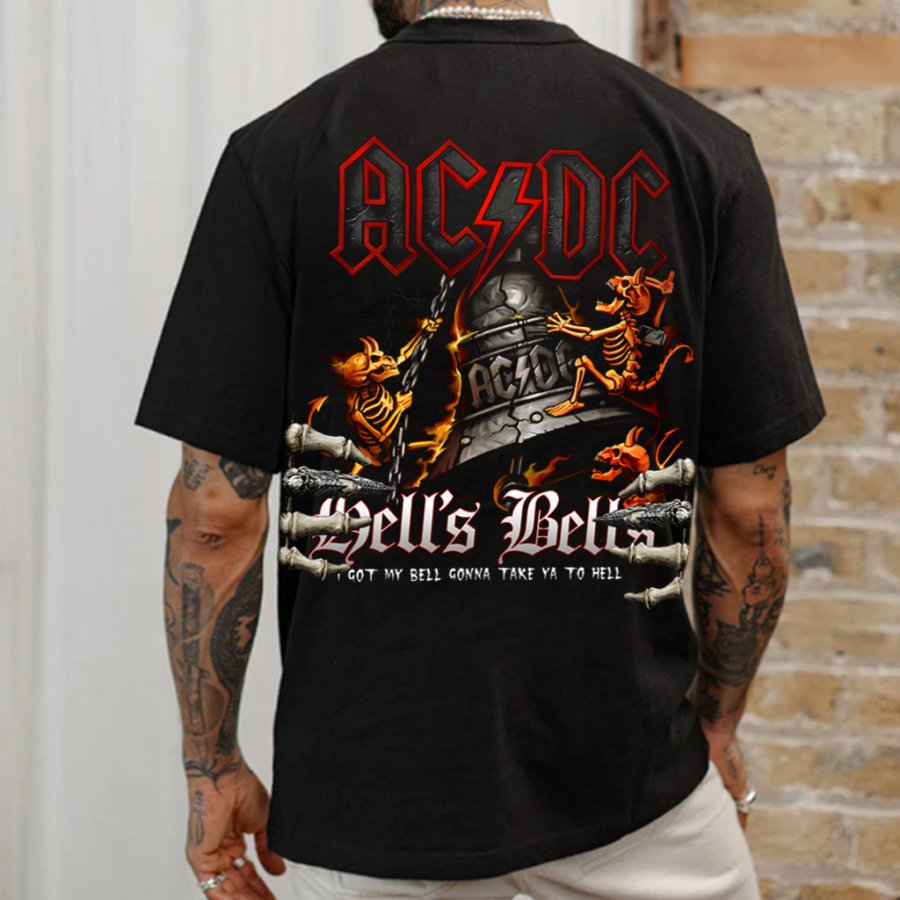 

Men's Vintage Hells Bells ACDC Devil Skull Print Crew Neck T-Shirt