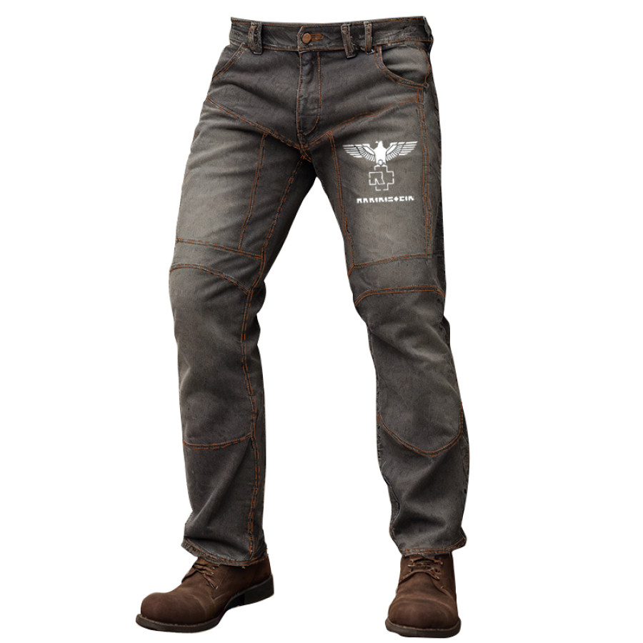 

Jean En Denim Contrasté Marron à Double Pression Délavé Rammstein Pour Hommes