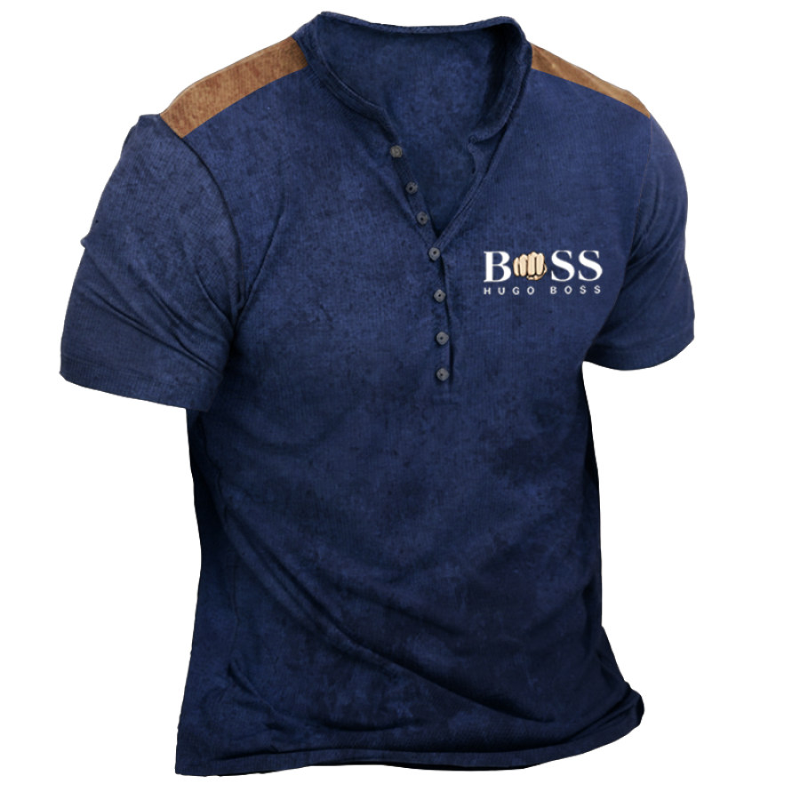 

Мужская винтажная футболка Henley для отдыха на открытом воздухе в стиле пэчворк Boss