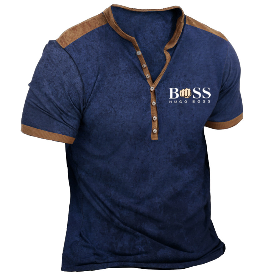 

Мужская винтажная футболка Henley для отдыха на открытом воздухе с вырезом в стиле пэчворк Boss