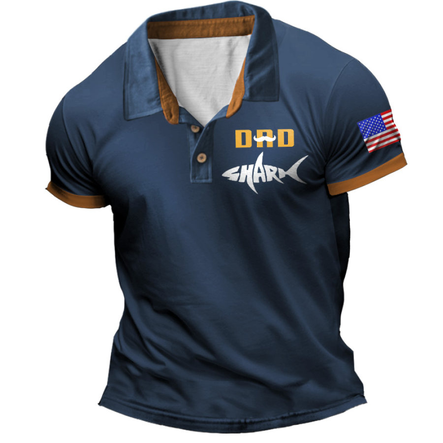 

Men's Vintage Dad Bearded Shark American Flag Father's Day Color Block Short Sleeve Polo T-Shirt