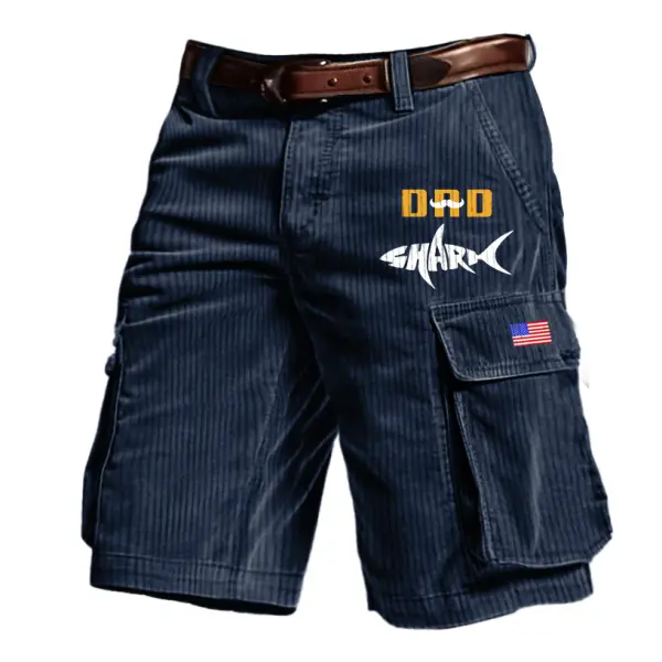 Men's Outdoor Vintage Dad Bearded Shark American Flag Father's Day Print Corduroy Multi Pocket Shorts - Yiyistories.com 