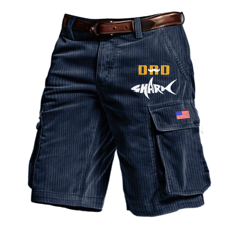 

Men's Outdoor Vintage Dad Bearded Shark American Flag Father's Day Print Corduroy Multi Pocket Shorts