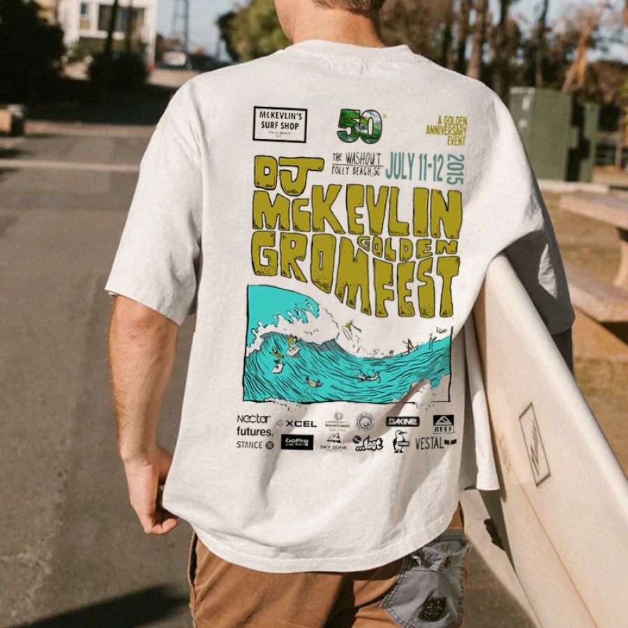 

Camiseta Extragrande De Manga Corta Holgada Con Póster De Surf Para Hombre