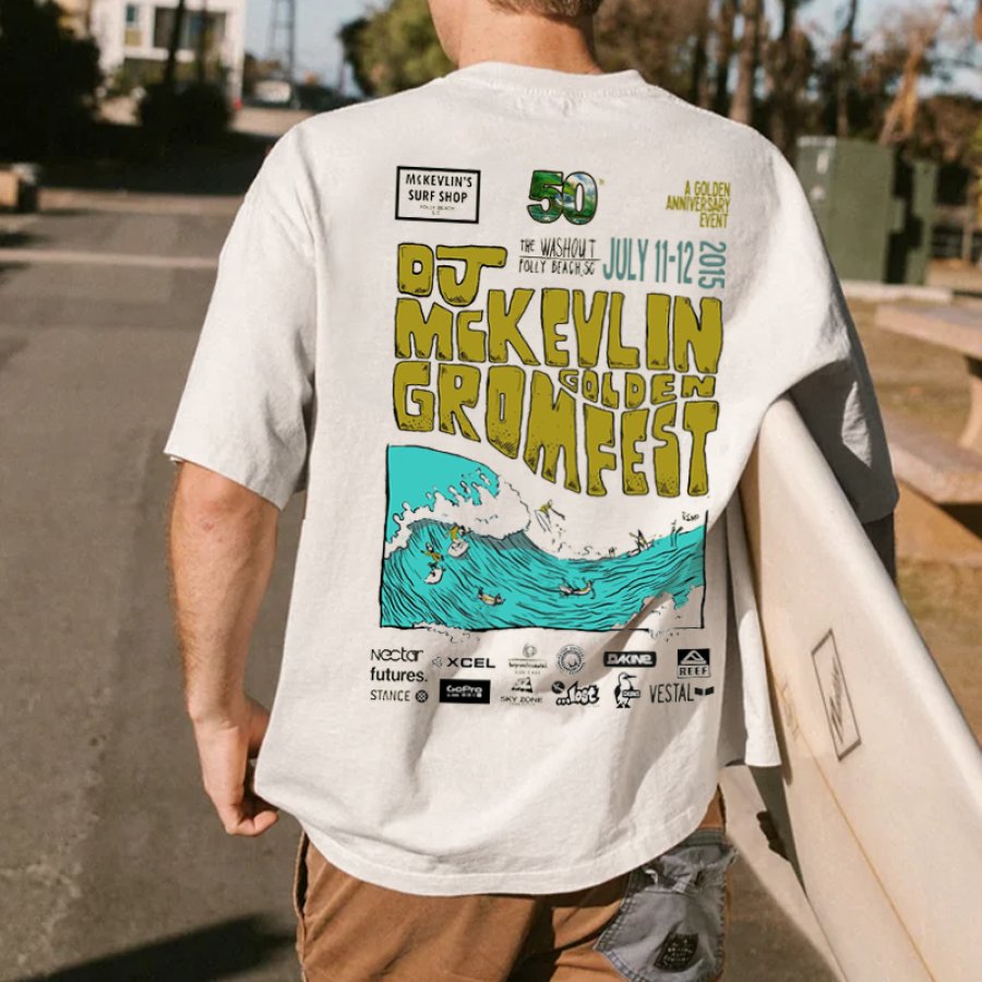 

Lockeres übergroßes T-Shirt Mit Surf-Poster Und Strand-Motiv Für Herren